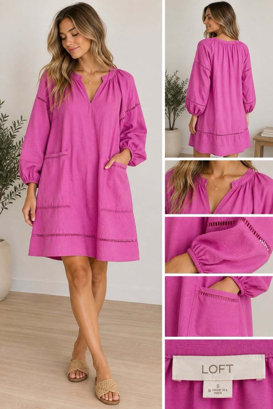 LOFT Pink Linen Blend Shift Dress Small Balloon Sleeve Pockets Boho